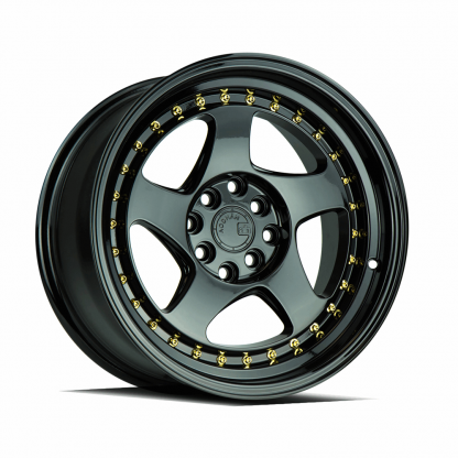 AodHan AH01 15x8 +20 4x100/4x114.3 (4x4.5) 73.1 | Full Gloss Black with Gold Rivets